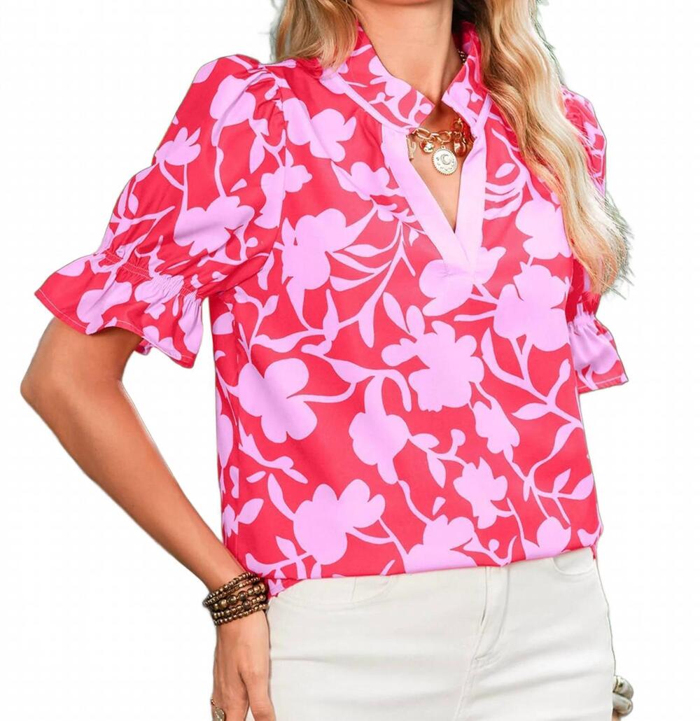 NEW STYLE USA floral v neck top with puff sleeves in red and pink